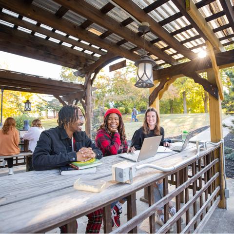 Students sitting under a pavilion on campus